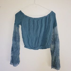 Blue Cropped Off the Shoulder Lace Sleeve Top